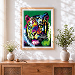 Finished pop art tiger on green background cross stitch artwork displayed