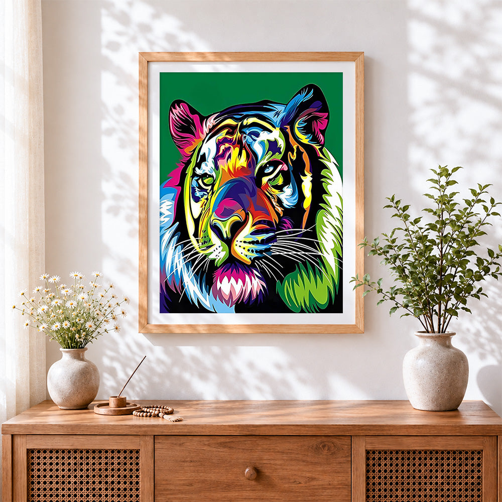 Finished pop art tiger on green background cross stitch artwork displayed