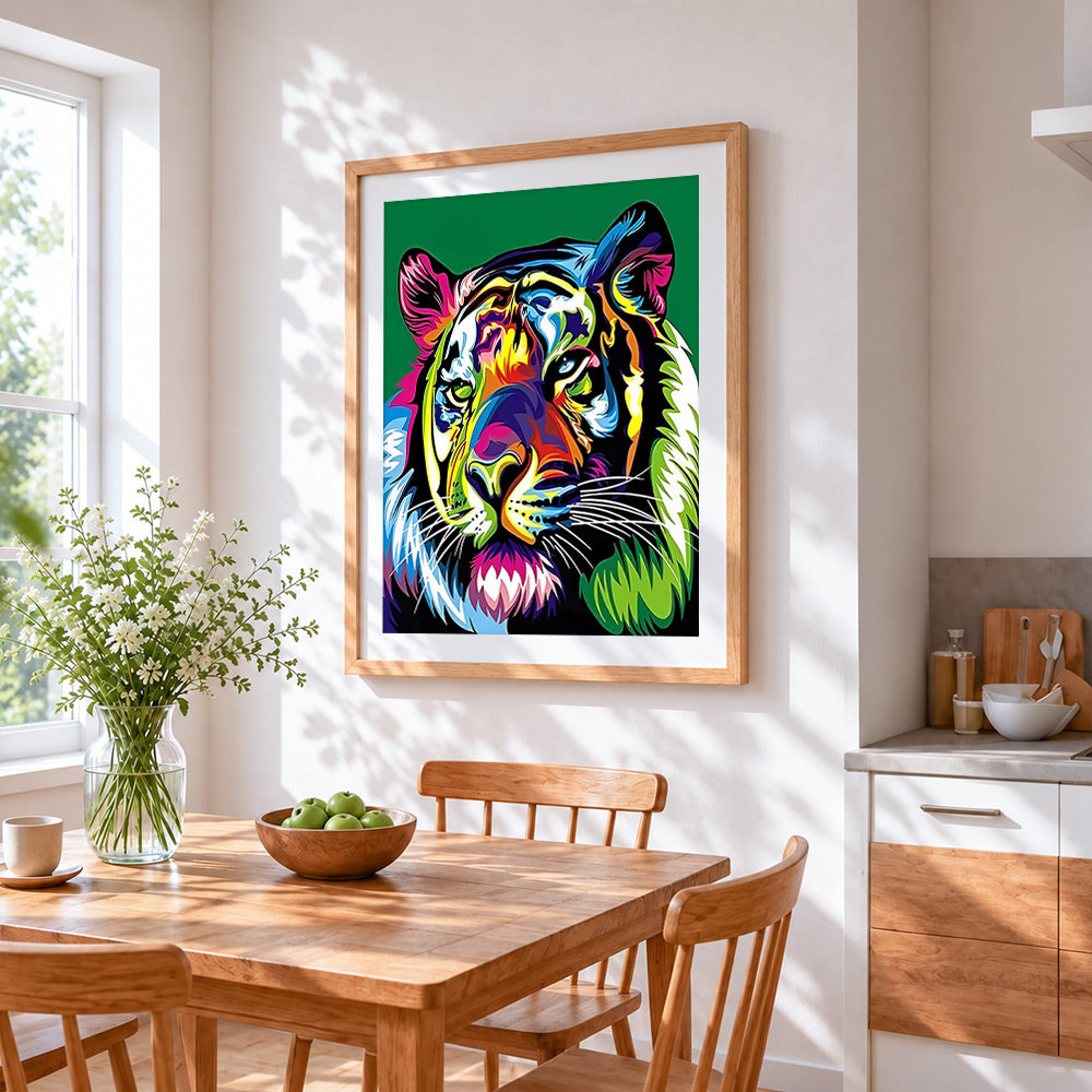 Pop art tiger on green background cross stitch artwork displayed on wall as home decor