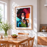 Pop art woman blowing bubblegum cross stitch artwork displayed on wall as home decor