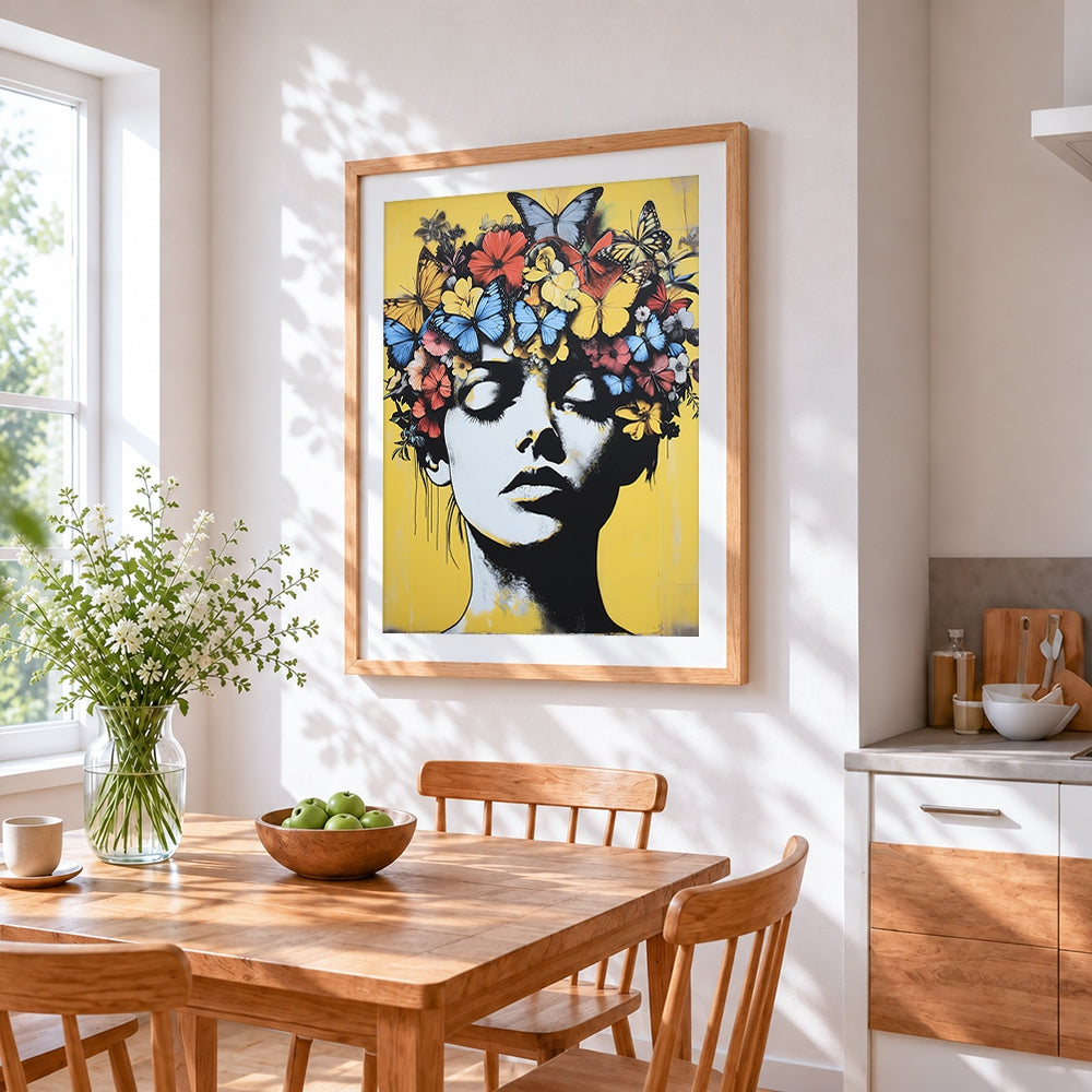 Pop art woman with butterfly crown cross stitch artwork displayed on wall as home decor