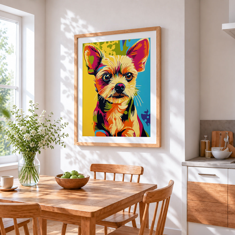 Pop art yorkshire terrier cross stitch artwork displayed on wall as home decor
