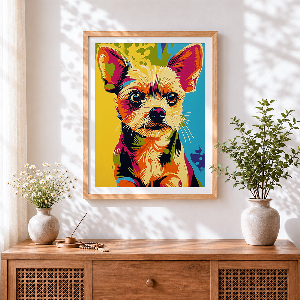Finished pop art yorkshire terrier paint by numbers artwork displayed as home decor