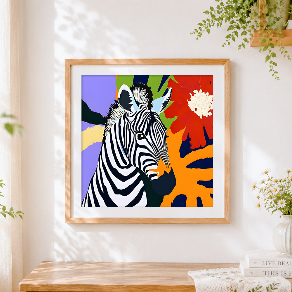 Finished pop art zebra cross stitch artwork displayed