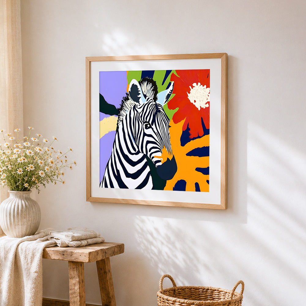 Pop art zebra cross stitch artwork displayed on wall as home decor