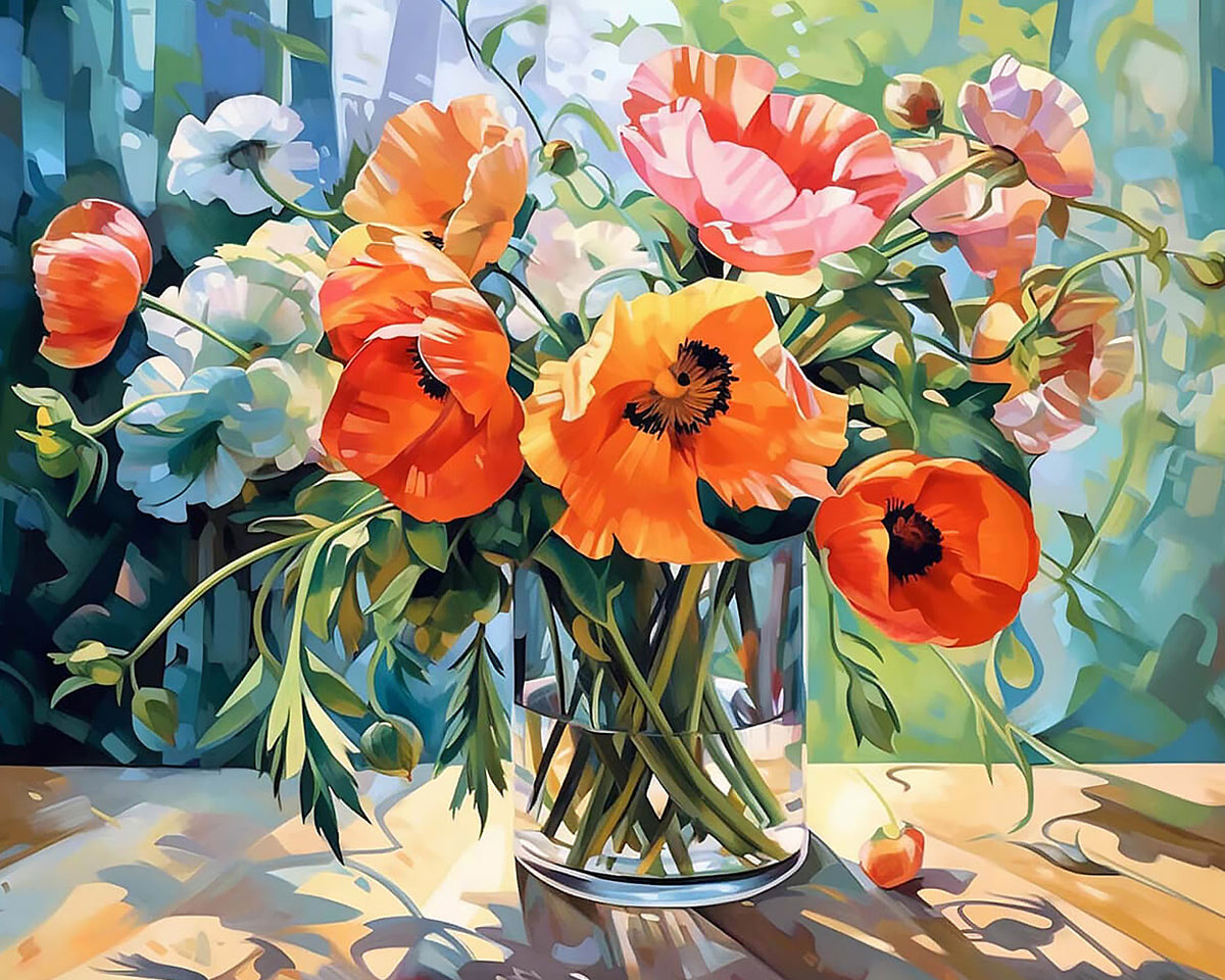 Poppies in a glass vase cross stitch kit for beginners