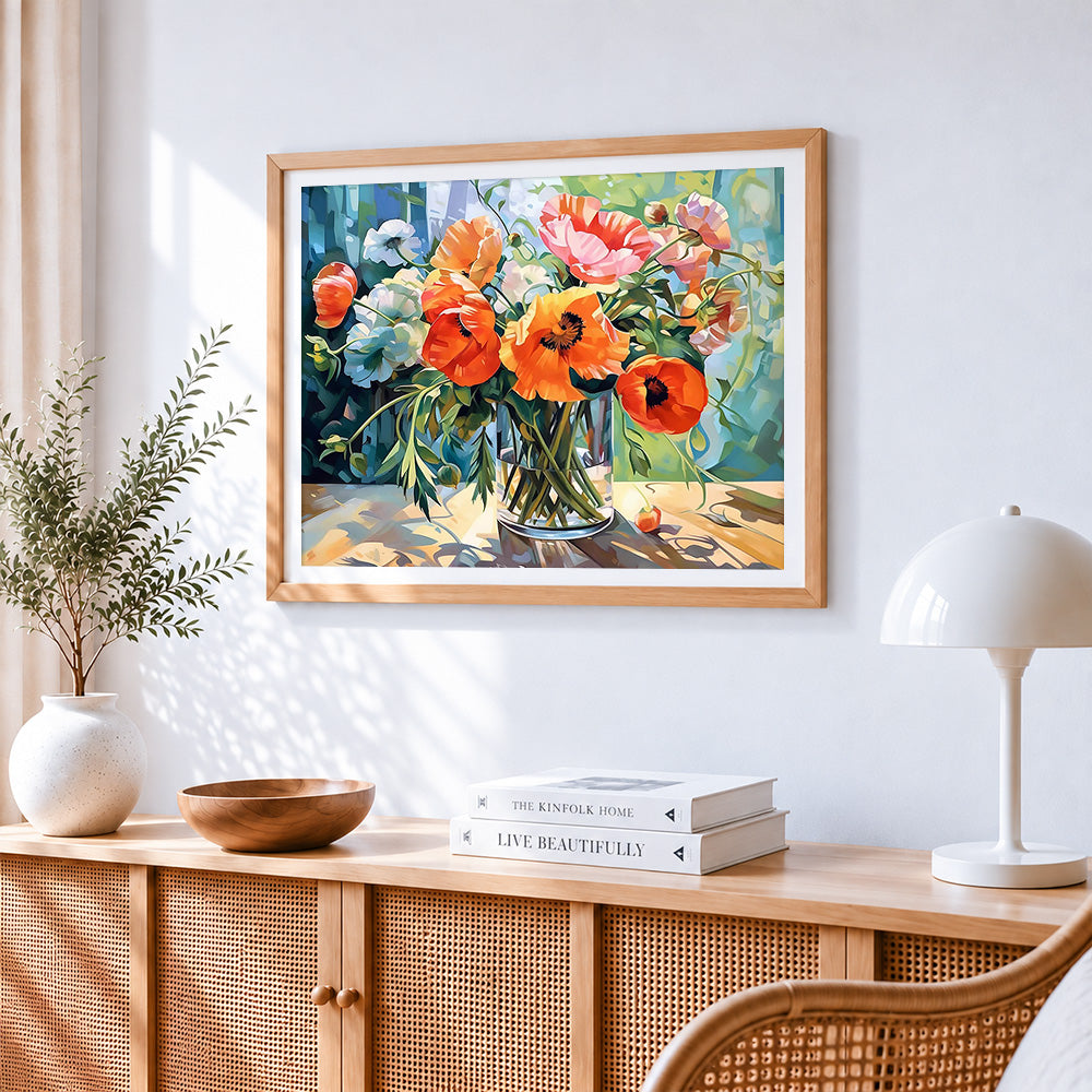 Poppies in a glass vase cross stitch artwork displayed on wall as home decor