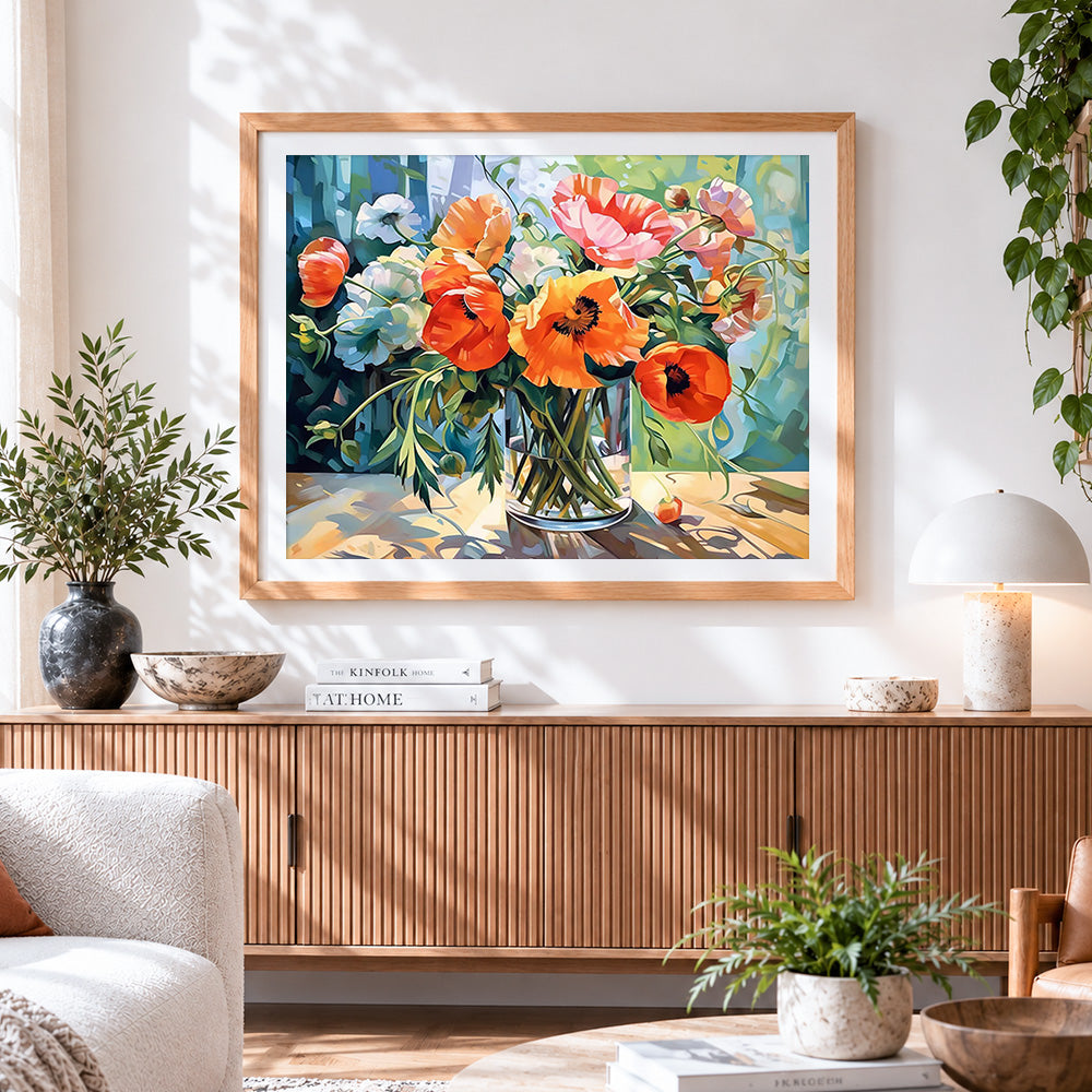 Finished poppies in a glass vase paint by numbers artwork displayed as home decor