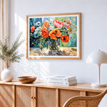 Poppies in a glass vase paint by numbers artwork displayed on wall as home decor