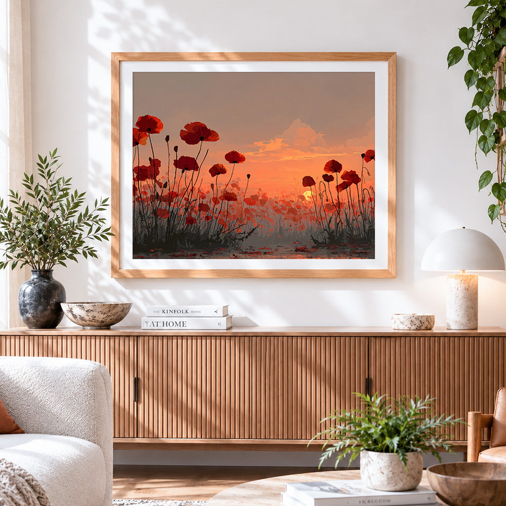 Finished poppy field at sunset paint by numbers artwork displayed as home decor