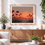 Finished poppy field at sunset paint by numbers artwork displayed as home decor