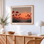 Poppy field at sunset paint by numbers artwork displayed on wall as home decor