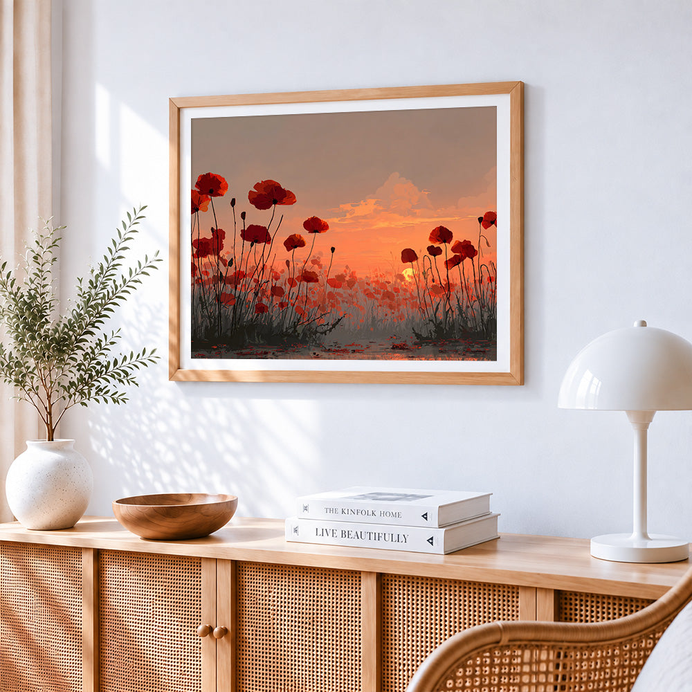 Poppy field at sunset paint by numbers artwork displayed on wall as home decor