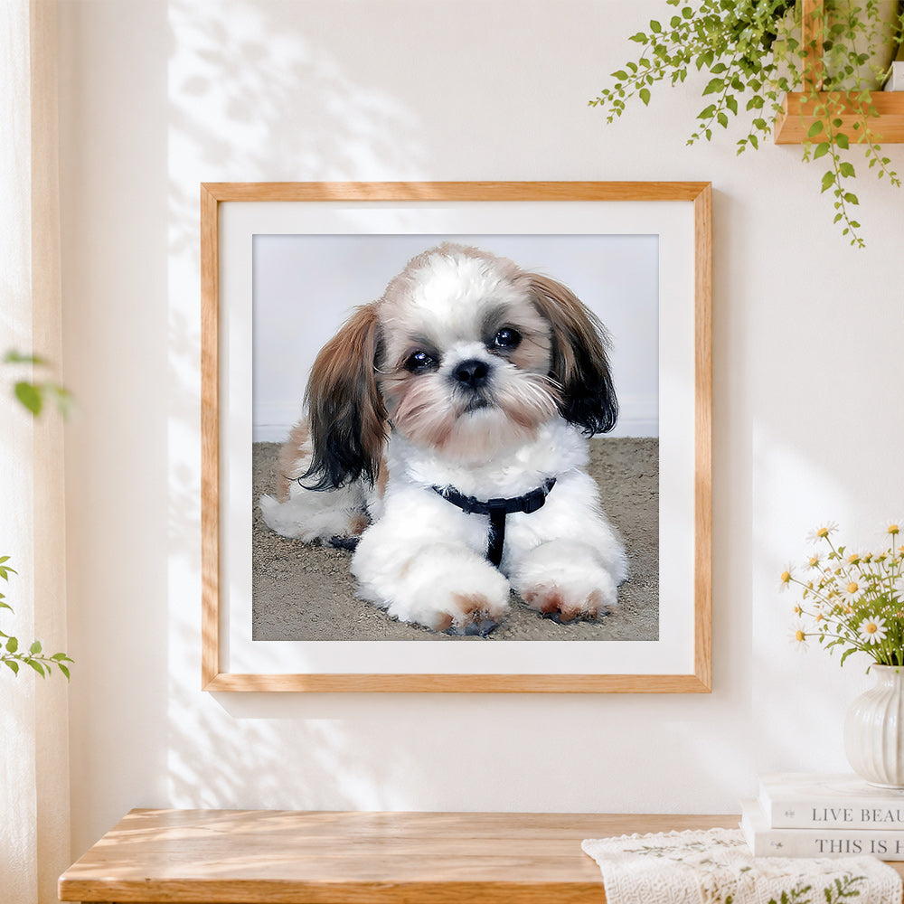 Finished portrait of a cute shih tzu puppy cross stitch artwork displayed