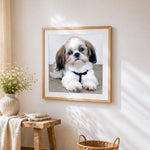 Portrait of a cute shih tzu puppy cross stitch artwork displayed on wall as home decor