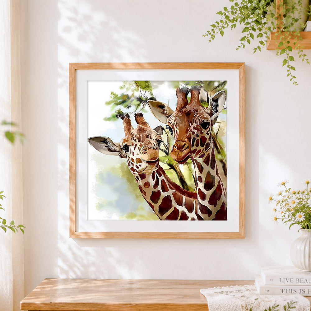 Finished portrait of a giraffe pair cross stitch artwork displayed