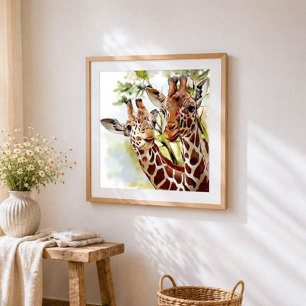 Portrait of a giraffe pair cross stitch artwork displayed on wall as home decor