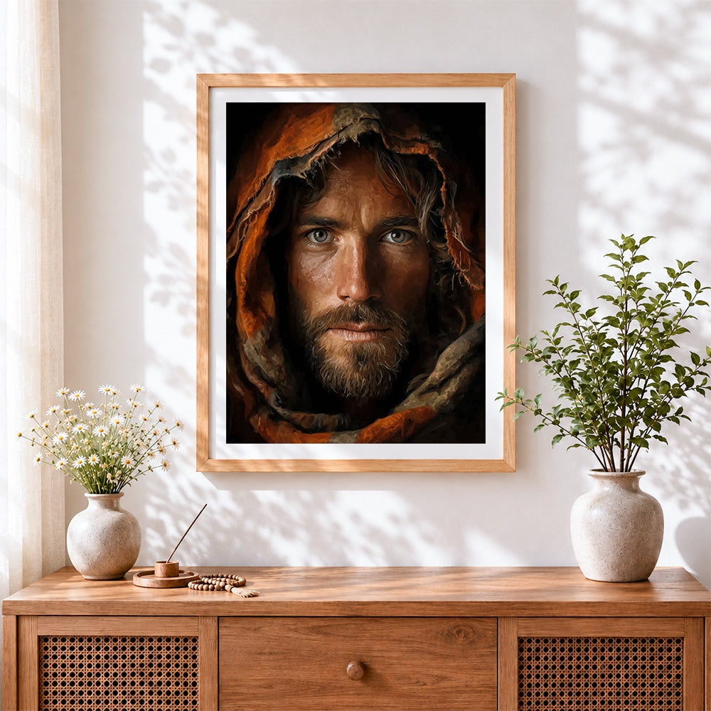 Finished portrait of a man in orange hood cross stitch artwork displayed