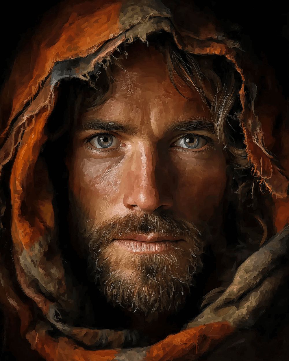 Portrait of a man in orange hood cross stitch kit for beginners