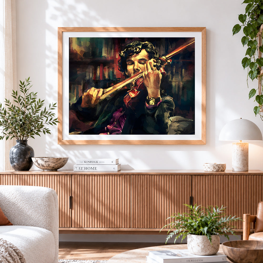 Finished portrait of a violinist cross stitch artwork displayed