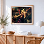 Portrait of a violinist cross stitch artwork displayed on wall as home decor