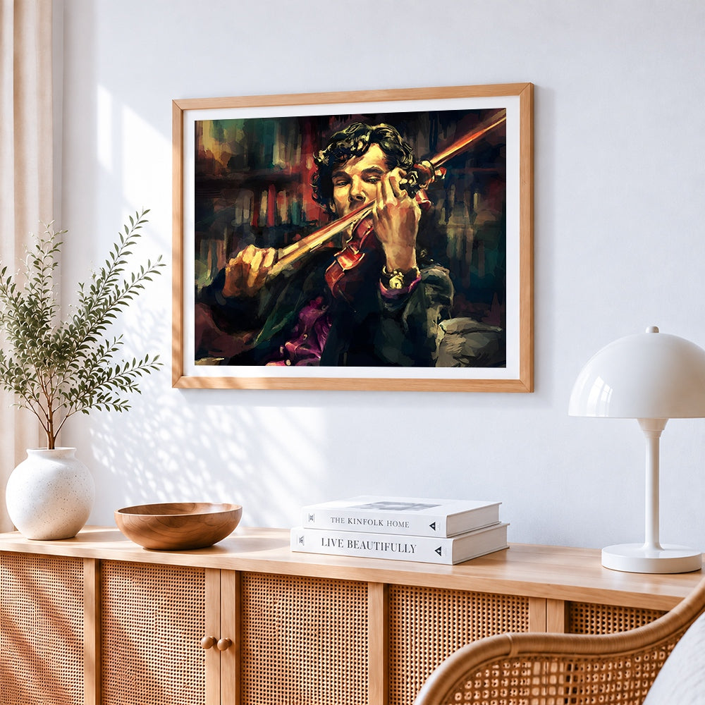 Portrait of a violinist cross stitch artwork displayed on wall as home decor