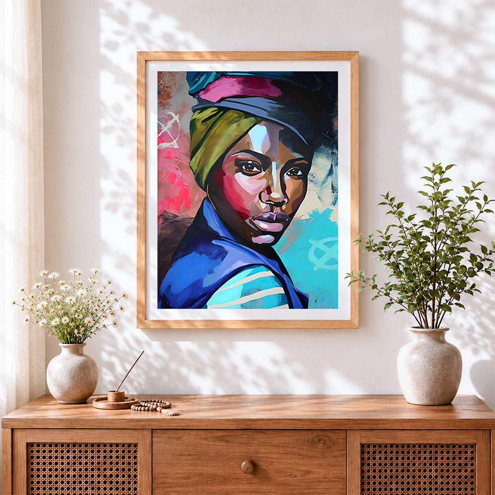 Finished portrait of a woman with headwrap cross stitch artwork displayed