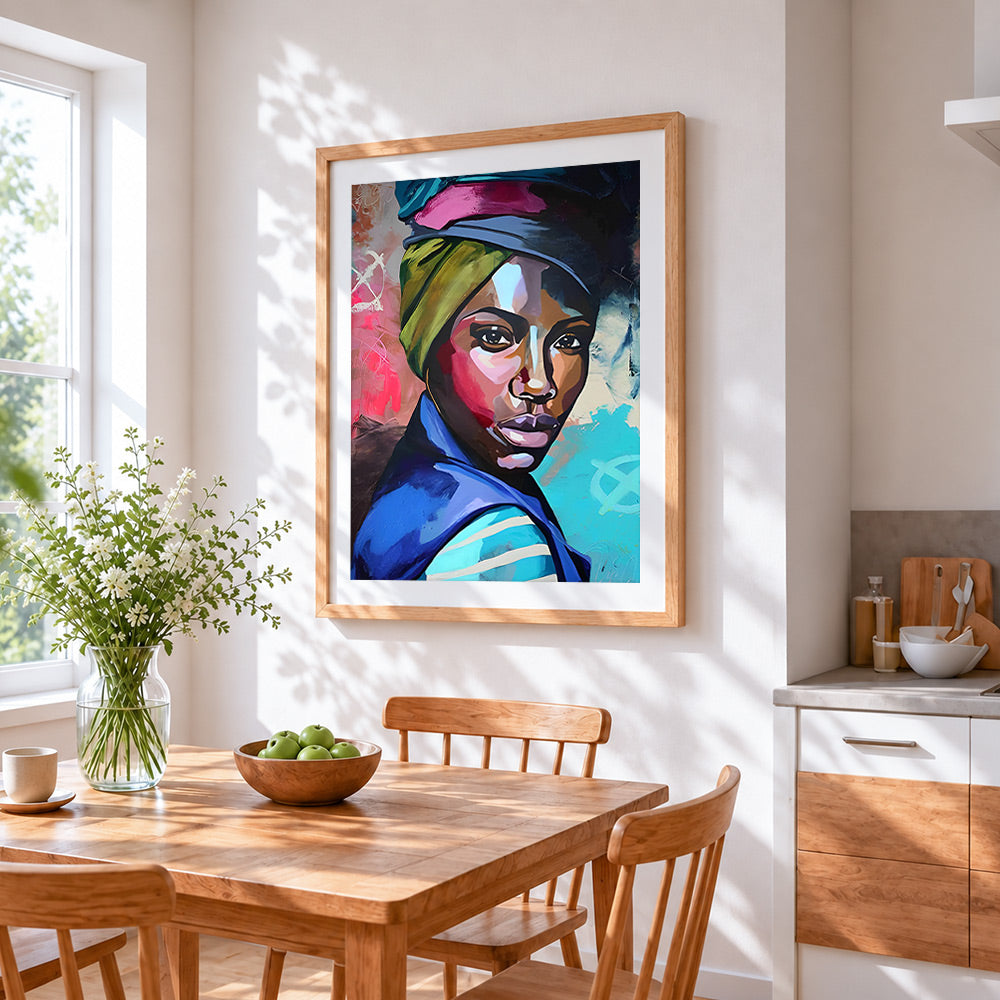 Portrait of a woman with headwrap paint by numbers artwork displayed on wall as home decor