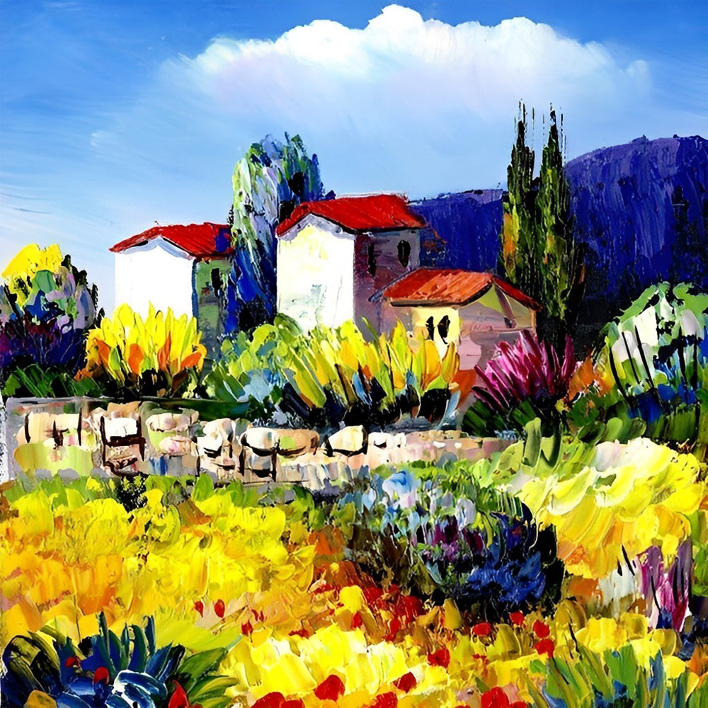 Post impressionist village cross stitch kit for beginners