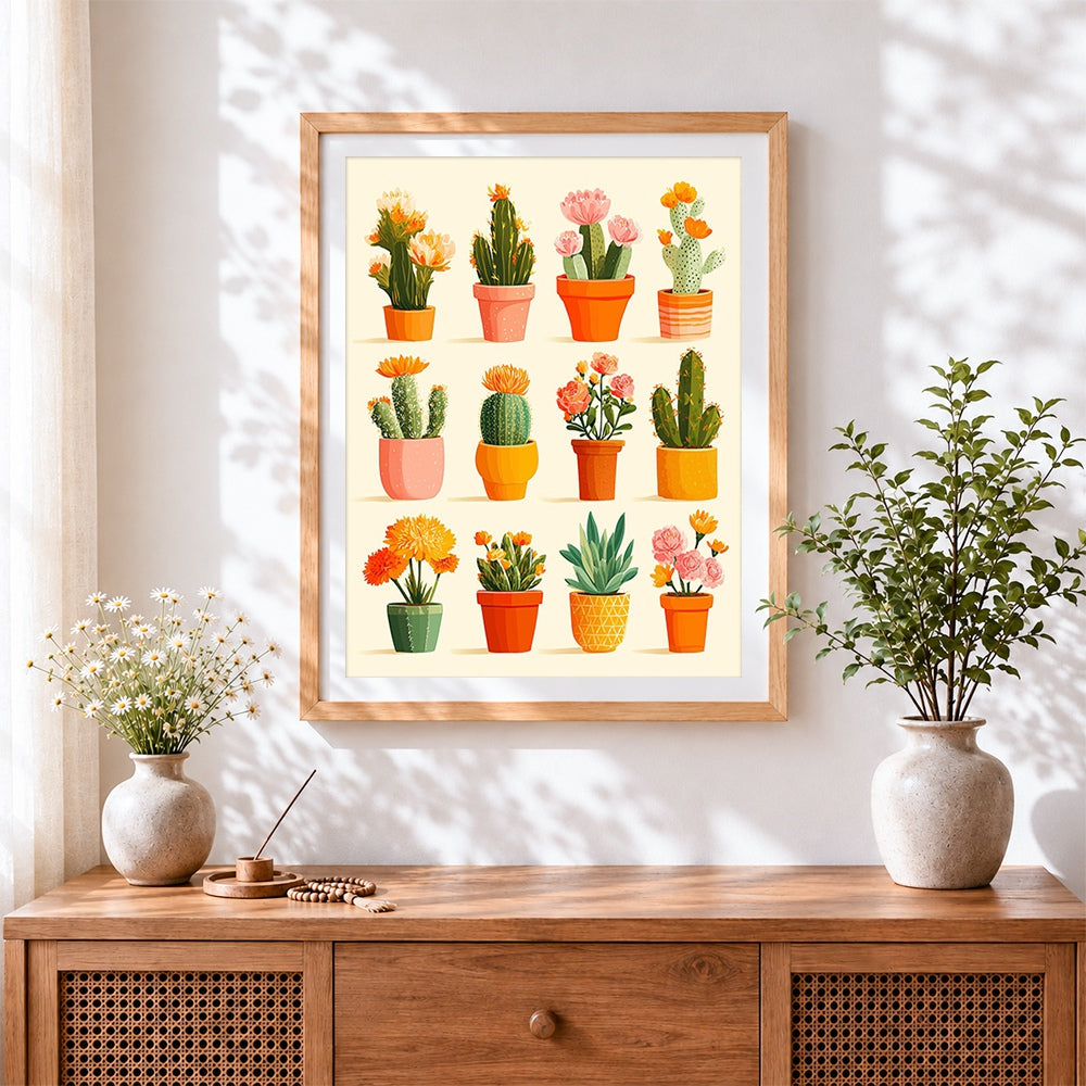 Finished potted cacti and succulents collection cross stitch artwork displayed