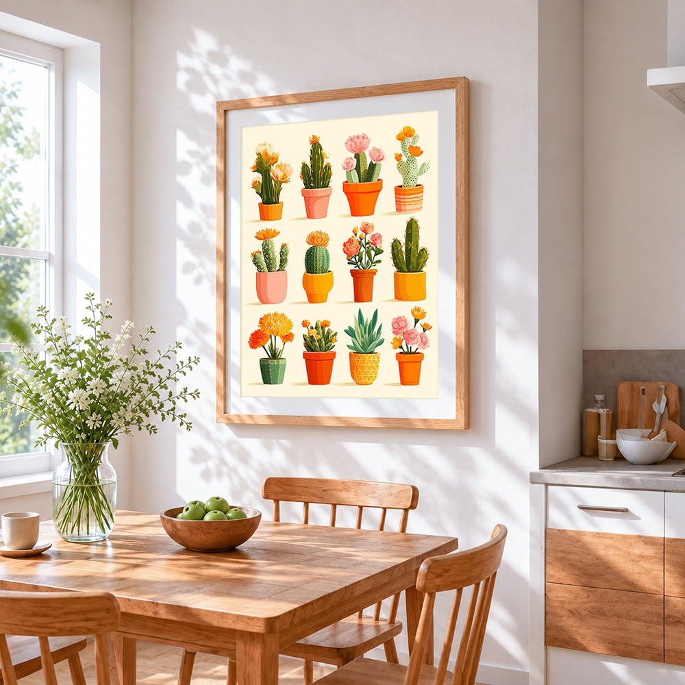 Potted cacti and succulents collection cross stitch artwork displayed on wall as home decor