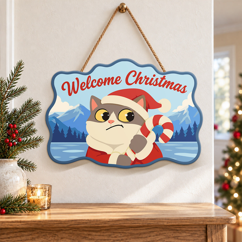 Pouty cat with candy cane paint by numbers door hanger as indoor wall decor