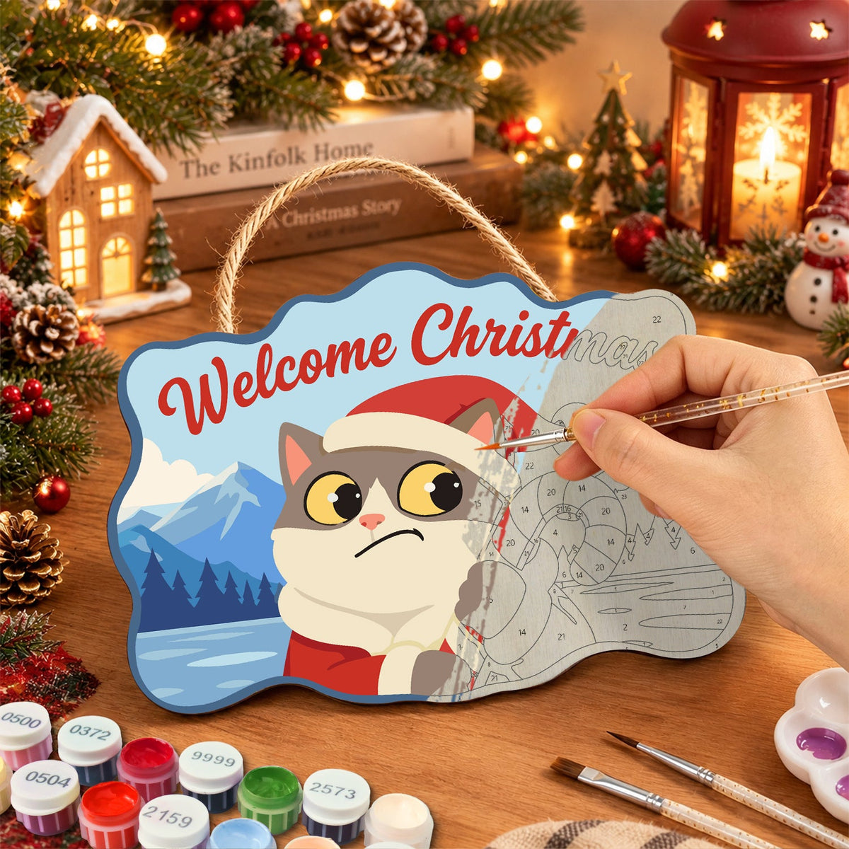 Pouty cat with candy cane paint by numbers door hanger painting process
