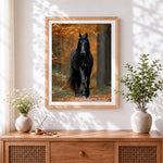 Finished powerful black friesian horse in autumn forest cross stitch artwork displayed