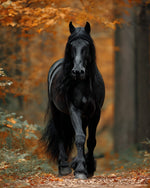 Powerful black friesian horse in autumn forest cross stitch kit for beginners