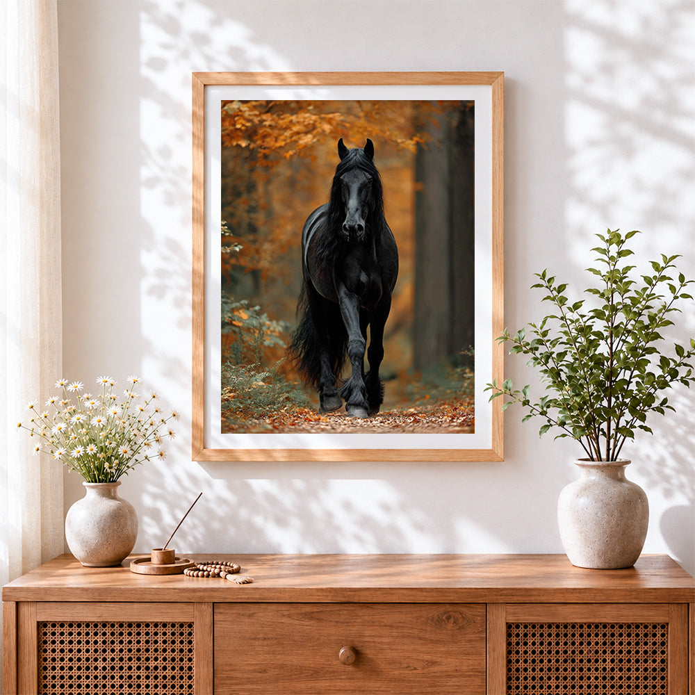 Finished powerful black friesian horse in autumn forest paint by numbers artwork displayed as home decor