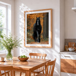 Powerful black friesian horse in autumn forest paint by numbers artwork displayed on wall as home decor