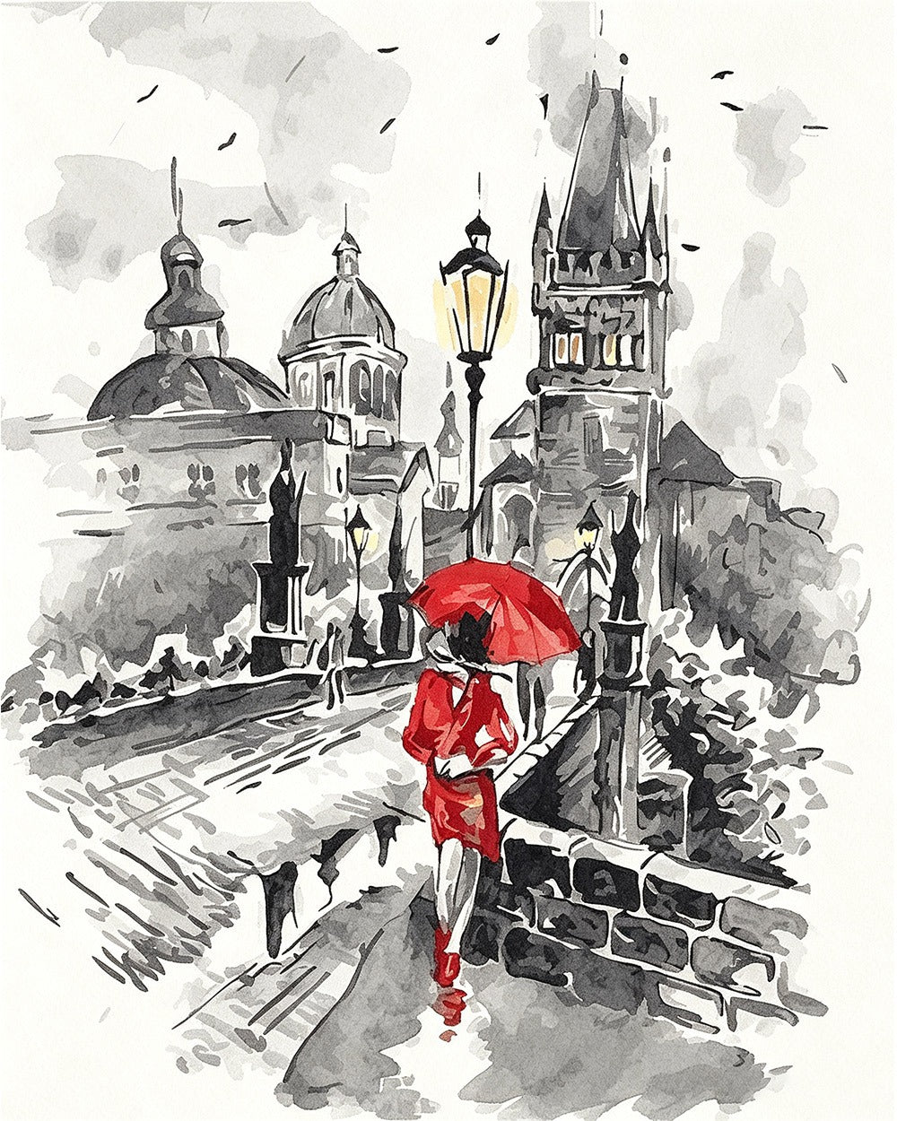 Prague charles bridge and woman cross stitch kit for beginners