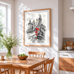 Prague charles bridge and woman cross stitch artwork displayed on wall as home decor
