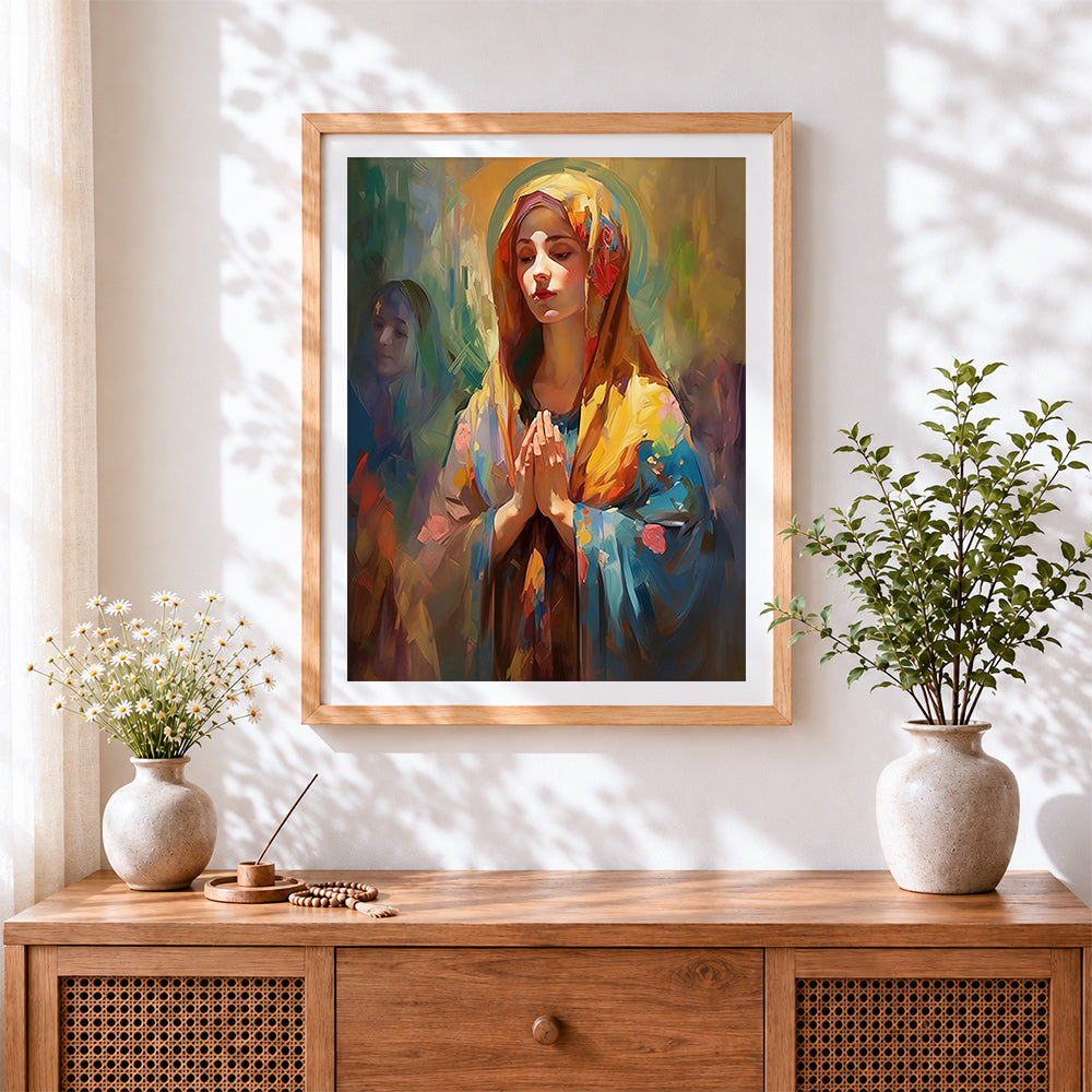 Finished praying madonna cross stitch artwork displayed