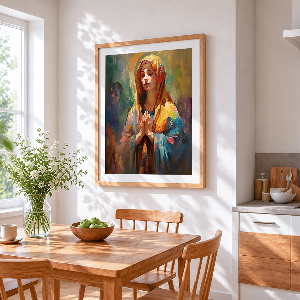 Praying madonna cross stitch artwork displayed on wall as home decor