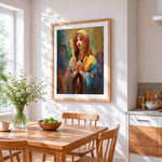 Praying madonna cross stitch artwork displayed on wall as home decor