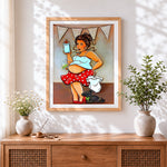 Finished pregnant curvy woman with baby bottle cross stitch artwork displayed