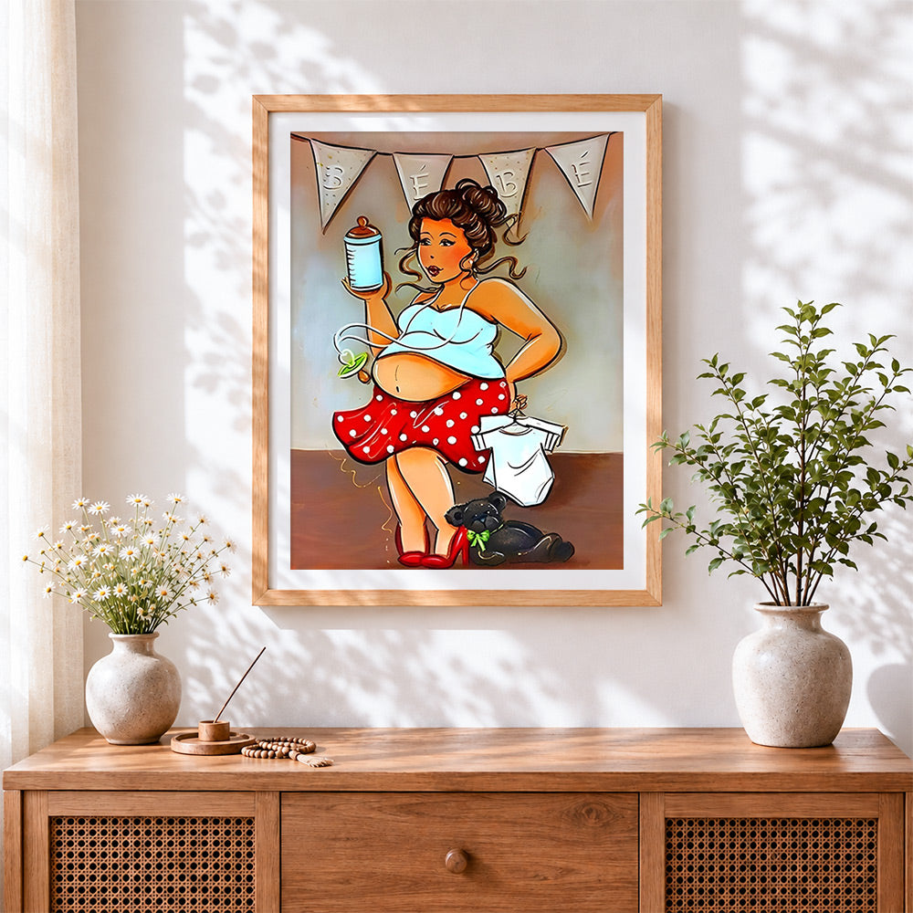 Finished pregnant curvy woman with baby bottle cross stitch artwork displayed