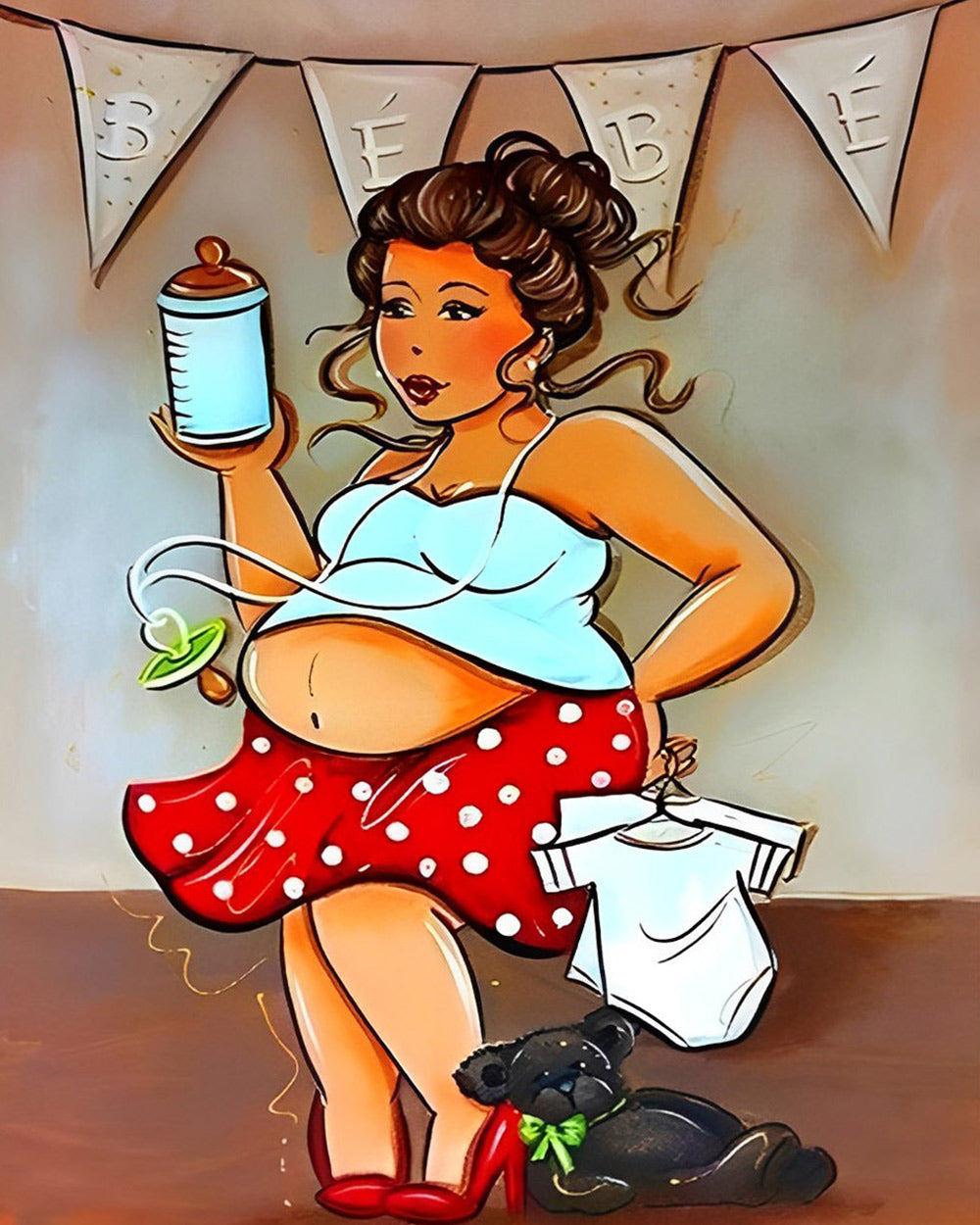 Pregnant curvy woman with baby bottle cross stitch kit for beginners
