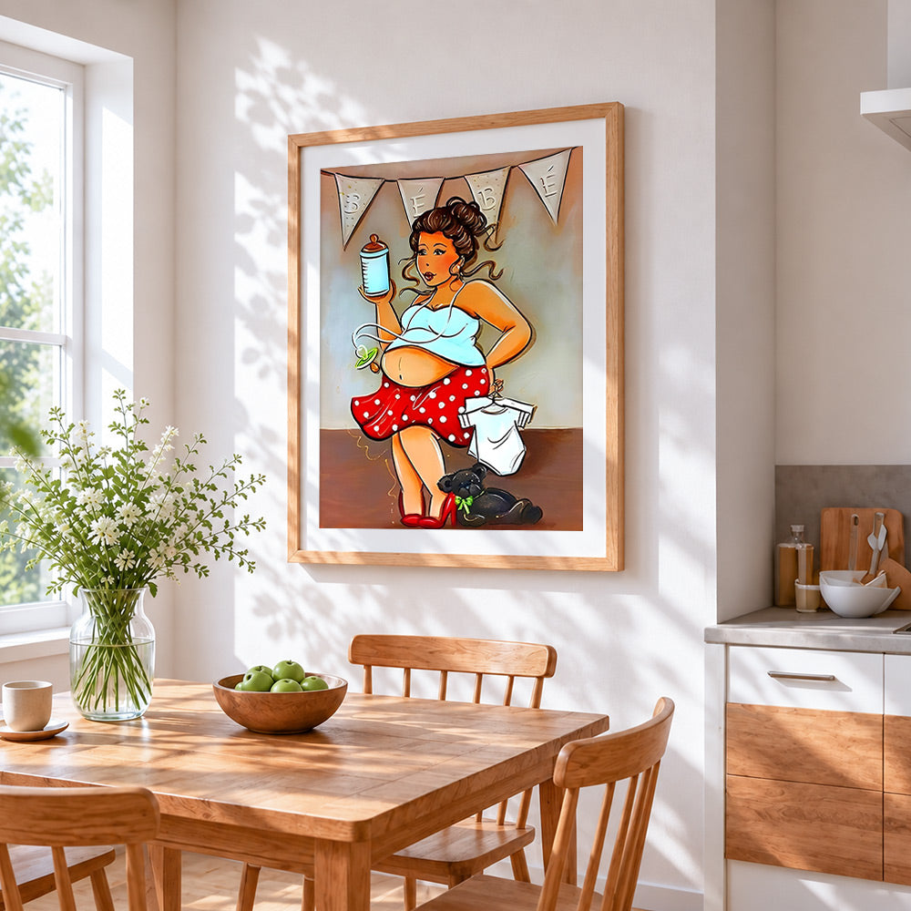 Pregnant curvy woman with baby bottle cross stitch artwork displayed on wall as home decor