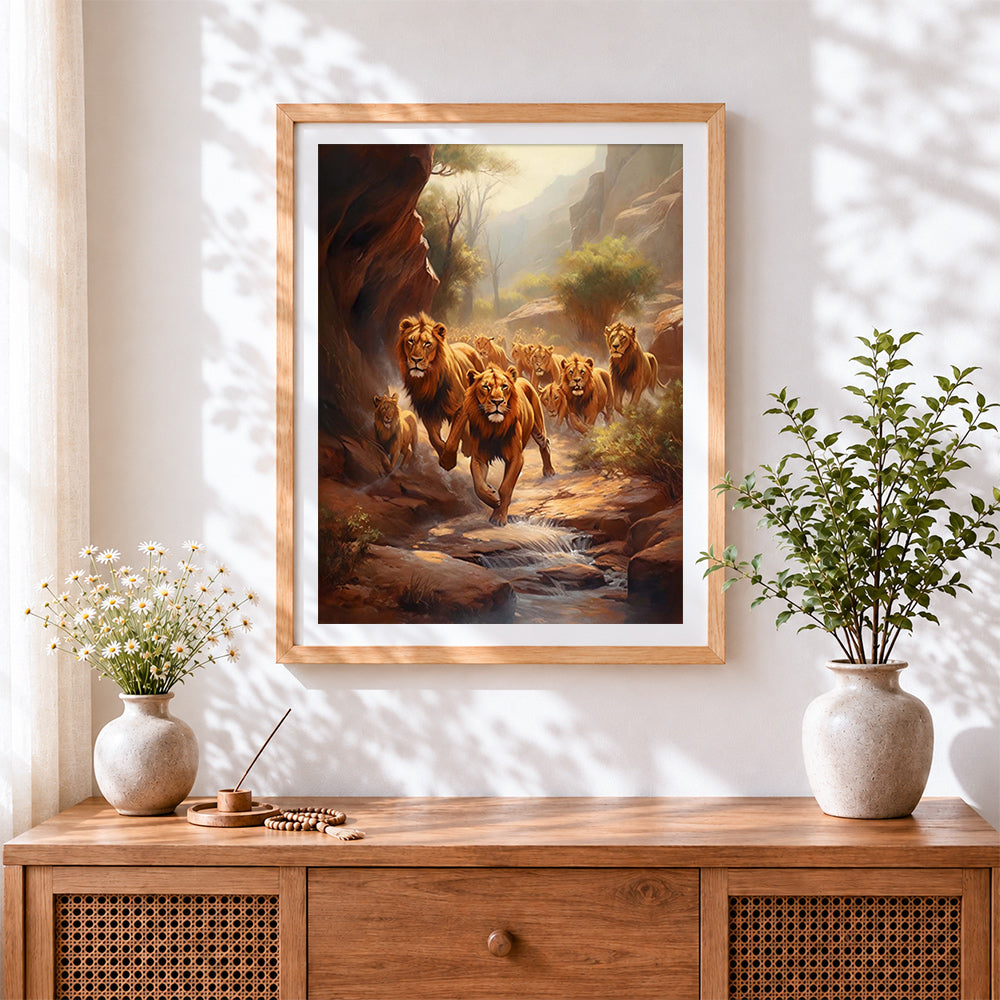 Finished pride of lions in a canyon cross stitch artwork displayed