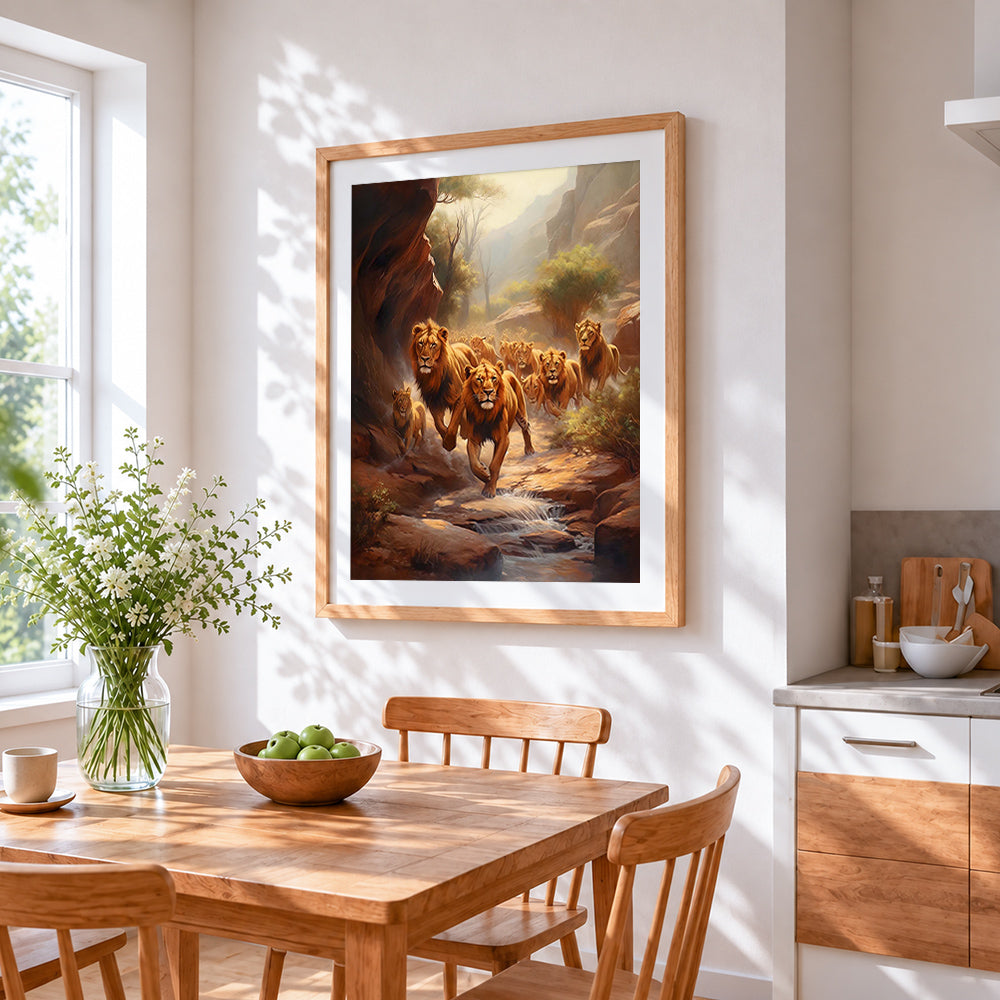 Pride of lions in a canyon cross stitch artwork displayed on wall as home decor