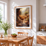Pride of lions in a canyon cross stitch artwork displayed on wall as home decor