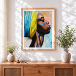 Finished profile of woman with yellow headwrap cross stitch artwork displayed